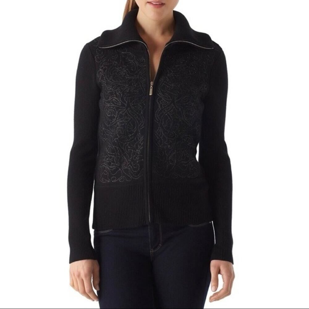 WHBM Gold Shimmer Quilted Knit Sweater Jacket XL Elegant Luxury Wool Blend